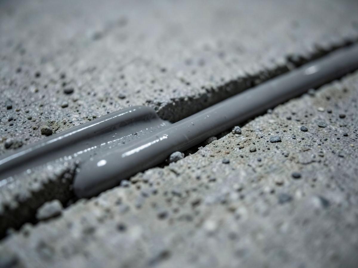 Grey polyurethane sealant bead in a concrete expansion joint