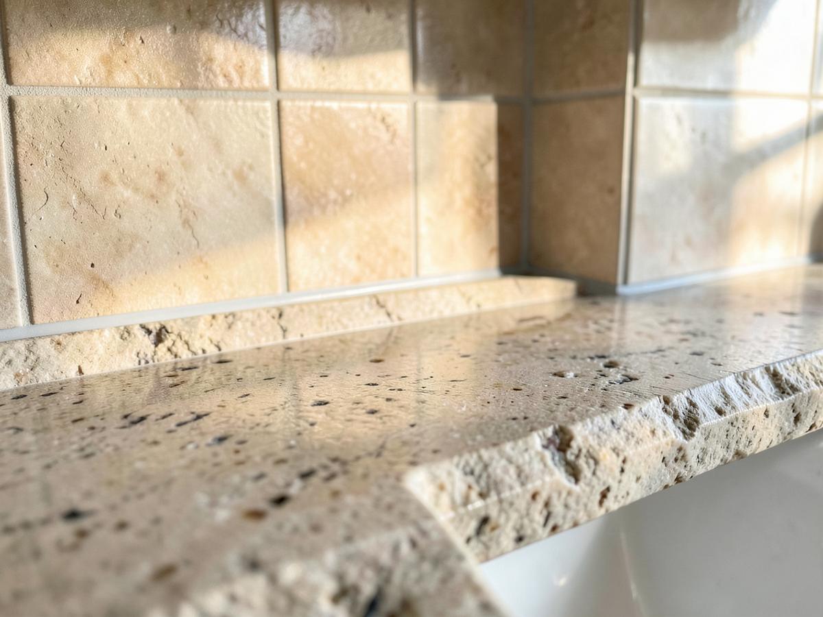 Sealed joint between stone benchtop and tiled splashback