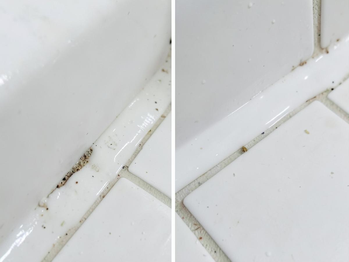 Old silicone replaced with a fresh white sealant bead at a bath junction